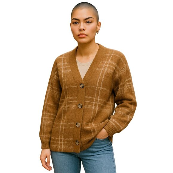 Vince Alpaca Blend Plaid Cardigan Sweater M/L | Tan & Ivory Button Front | NWT - Picture 2 of 9